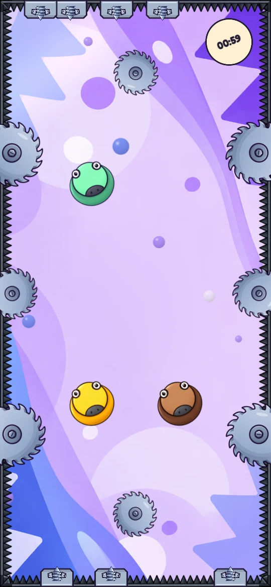 Three Muus moving in different directions among saws and lilac shapes